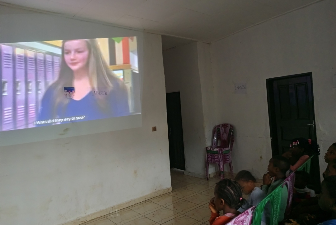 Children at the Children Safe Space watching an educative movie on bullying