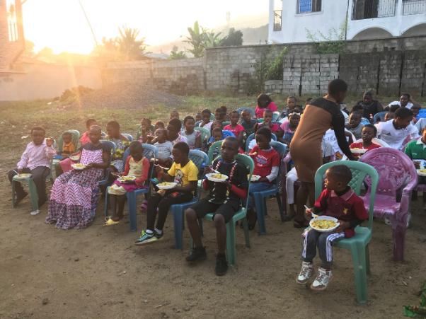 Children gathered for a Christmas celebration